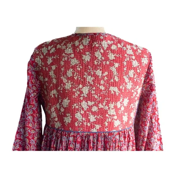 Indian Boho Block Print Hand Stitched Red Kantha Bodice Maxi Dress Sz Small - Picture 7 of 11